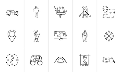 Image showing Hiking and camping hand drawn outline doodle icon set.