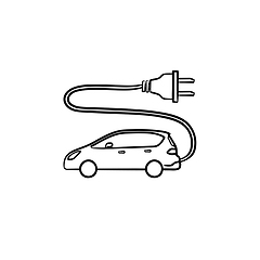 Image showing Electric car with plug hand drawn outline doodle icon.