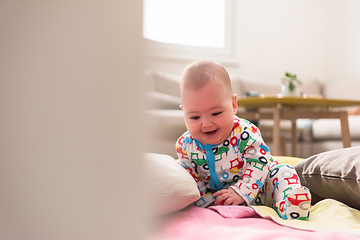 Image showing newborn baby boy sitting on colorful blankets