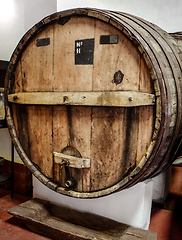 Image showing wood wine barrels in a winery