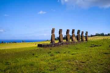 Image showing Moais statues, ahu Akivi, easter island