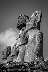 Image showing Moais statues, ahu Tongariki, easter island. Black and white pic