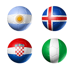 Image showing Russia football 2018 group D flags on soccer balls