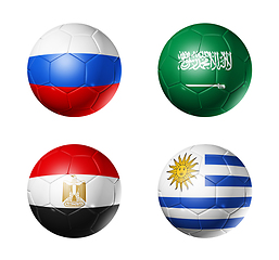 Image showing Russia football 2018 group A flags on soccer balls