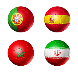 Image showing Russia football 2018 group B flags on soccer balls