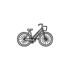 Image showing Woman bike with basket hand drawn outline doodle icon.