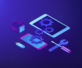 Image showing Mobile device repair concept vector isometric illustration.