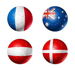 Image showing Russia football 2018 group C flags on soccer balls