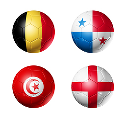 Image showing Russia football 2018 group G flags on soccer balls