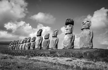 Image showing Moais statues, ahu Tongariki, easter island. Black and white pic