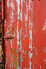 Image showing Old wood door painted red