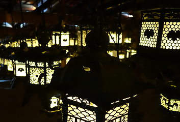 Image showing Lanterns lighting in the dark, Kasuga-Taisha Shrine, Nara, Japan