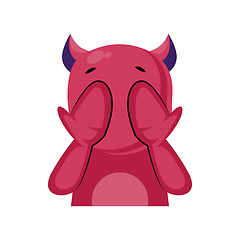 Image showing Scared pink monster with horns covering eyes with hands vector i