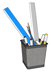 Image showing Wire pen cup with rulers and several pens and penciles vector il