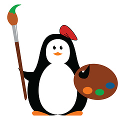 Image showing Cartoon picture of a cute little penguin disguised as a painter 