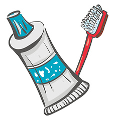 Image showing A red toothbrush and a toothpaste in white and blue colored comb