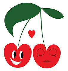 Image showing Two cherry fruits emoji hanging from a single branch symbolizes 