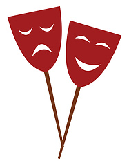 Image showing Two red-colored carnival party eye masks attached to a stick vec