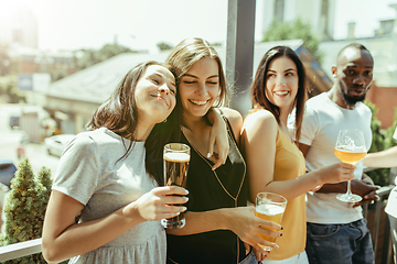 Image showing Young group of friends drinking beer and celebrating together