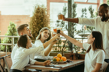 Image showing Young group of friends drinking beer and celebrating together