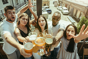 Image showing Young group of friends drinking beer and celebrating together