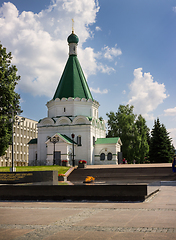 Image showing Memorial with an eternal flame and Archangel Michael Cathedral. 