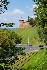 Image showing Ancient tower on the green hills. Recently kremlin in Nizhny Novgorod turned 500 years