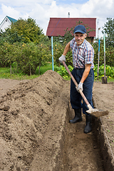 Image showing Farmer digging the earth to build  deep bed of