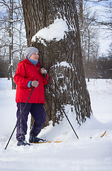 Image showing Woman retirement age, walking in winter forest