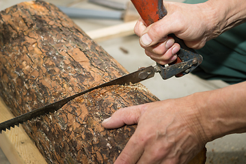 Image showing Carpenter saws off the wood piece for birdhouse