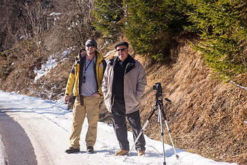 Image showing portrait of two male photographer at winter nature