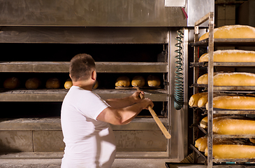 Image showing bakery worker taking out freshly baked breads