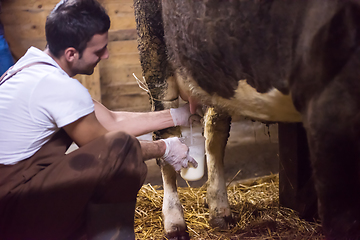 Image showing farmer milking dairy cow by hand