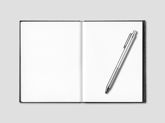 Image showing Blank open notebook and pen isolated on grey