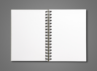 Image showing Blank open spiral notebook isolated on dark grey