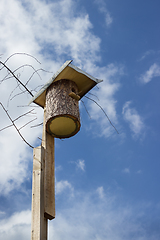 Image showing Birdhouse made from whole wood logs