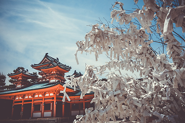 Image showing Omikuji tree at Heian Jingu Shrine temple, Kyoto, Japan