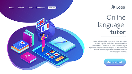 Image showing Online language school isometric 3D landing page.