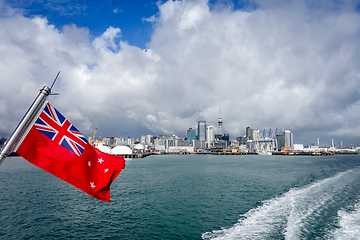 Image showing Auckland view from the sea and New Zealand civil flag
