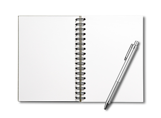 Image showing Blank open spiral notebook and pen isolated on white