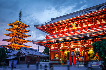 Image showing Kaminarimon gate and Pagoda, Senso-ji temple, Tokyo, Japan