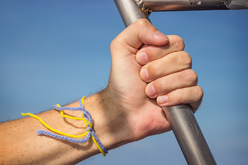 Image showing Hand on handrail in ship sailing