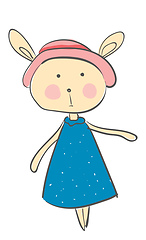 Image showing A little cartoon hare wearing a lovely blue dress and a pink hea