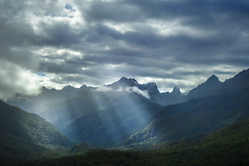 Image showing Fiordland national park stormy landscape, New Zealand