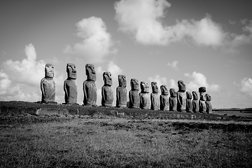 Image showing Moais statues, ahu Tongariki, easter island. Black and white pic