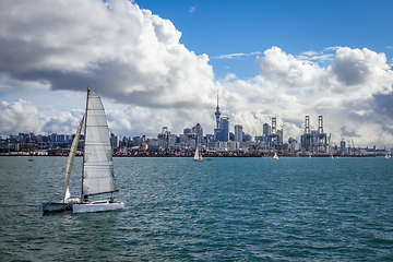 Image showing Auckland view from the sea and sailing ship, New Zealand