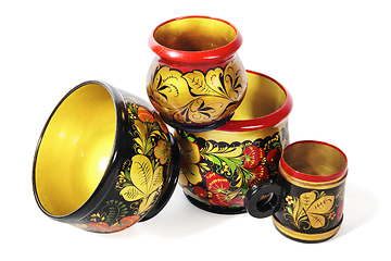 Image showing Wooden dishes, painted with floral ornament in style of Khokhloma