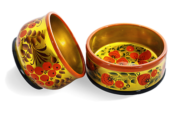 Image showing Two wooden  bowls, painted with floral ornament in style of Khokhloma