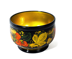 Image showing Wooden bowl, painted with floral ornament in style of Khokhloma