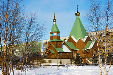 Image showing Winter in city Polyarnye Zori, Russia, new temple